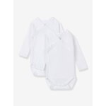 Lot de 2 bodies crois�s manches longues b�b� naissance en coton bio blanc