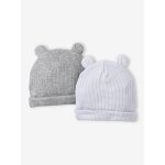 Lot de 2 bonnets naissance à oreilles d'ours bleu pâle + gris chiné Lot de 2 bonnets naissance à oreilles d'ours bleu pâle + gris chiné