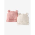 Lot de 2 bonnets naissance � oreilles d'ours rose poudr�