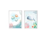 Lot 2 cadres muraux enfant poissons et baleine multi coloured