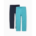 Lot de 2 leggings en coton unis / � fleurs bleu