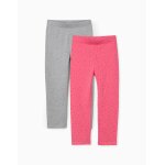 Lot de 2 leggings en coton unis / � fleurs rose
