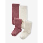 Lot de 2 paires de collants ajours / unis bb fille prune