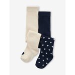 Lot de 2 paires de collants b�b� fille motifs coeurs marine / �cru