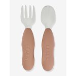 Lot de 2 pr - couverts d apprentissage 2e ge beaba en inox et silicone beige imprim