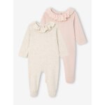 Lot de 2 pyjamas bébé fille avec col volanté beige chiné Lot de 2 pyjamas bébé fille avec col volanté beige chiné