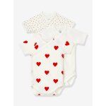 Lot de 3 bodies crois�s manches courtes coeurs b�b� naissance en coton bio blanc
