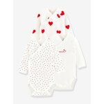 Lot de 3 bodies crois�s manches longues coeurs b�b� naissance en coton bio blanc