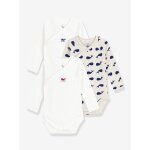 Lot de 3 bodies crois�s manches longues imprim�s b�b� blanc