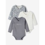 Lot de 3 bodies manches longues bb en coton bio ouverture naissance bleu jean