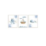 Lot 3 cadres muraux enfant poulpe, bateau et baleine multi coloured