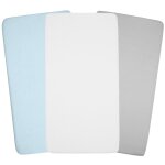 Lot de 3 draps housse berceau en gaze de coton uni bleu, gris, blanc Lot de 3 draps housse berceau en gaze de coton uni bleu, gris, blanc