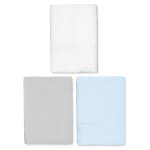 Lot de 3 draps housses couffin en gaze de coton uni bleu, gris, blanc