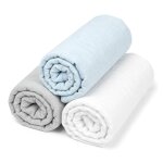 Lot de 3 draps housses couffin en gaze de coton uni bleu, gris, blanc