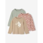 Lot de 3 t - shirts fille fantaisie manches longues vert de gris
