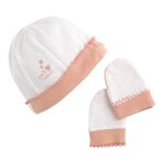 Lot bonnet et moufles bb en coton - petit coeur blanc