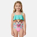 Maillot de bain 1 pi�ce imprim�, finitions volant�es et fines bretelles pat patrouille rose