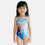 Maillot de bain 1 pi�ce imprim�, finitions volant�es et fines bretelles la reine des neiges bleu ciel ...