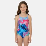 Maillot de bain 1 pi�ce imprim�, finitions volant�es lilo & stitch bleu ciel