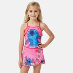 Maillot de bain 1 pi�ce � jupette imprim�, finitions volant�es lilo & stitch rose fuchsia