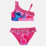Maillot de bain 2 pi�ces asym�trique imprim�, finitions volant�es lilo & stitch rose fuchsia