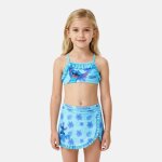 Maillot de bain 2 pi�ces � jupette imprim�, finitions volant�es lilo & stitch bleu ciel