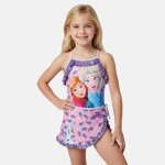 Maillot de bain 2 pi�ces � jupette imprim�, finitions volant�es la reine des neiges violet clair