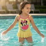 Maillot de bain b�b� fille 1 pi�ce jaune � rayures avec volant motif personnage minnie jaune