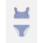 Maillot de bain bikini avec volants et imprim rayures bleu