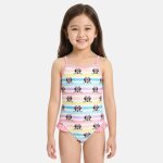 Maillot de bain fille 1 pi�ce ray� multicolore motif personnage minnie rose