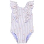 Maillot de bain fille 1 pi�ce - rayures et fleurs avec volants bleu, blanc, rose