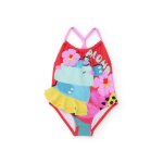 Maillot de bain fille en maille avec double volant rouge
