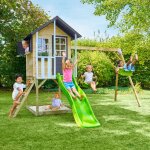 Maisonnette sur pilotis balcon, glissi�re et 2 balan�oires jacinthes bois fsc� marron - gris anthracite ...