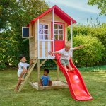 Maisonnette sur pilotis balcon et glissi�re coquelicot bois fsc� marron - rouge - blanc