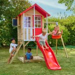Maisonnette sur pilotis, glissi�re, 1 balan�oire coquelicot bois fsc� marron - rouge - blanc
