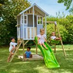 Maisonnette sur pilotis, glissi�re, 1 balan�oire perce - neige bois fsc� gris - blanc - marron - vert ...