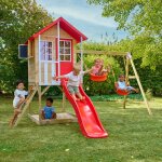 Maisonnette sur pilotis, glissi�re, 2 balan�oires coquelicot bois fsc� marron - rouge - blanc