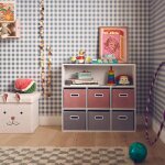 Meuble de rangement pour enfant camille avec 7 compartiments et 6 paniers en velours rose