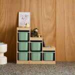Meuble de rangement enfant escalier 6 bacs de rangement d�cor bois naturel - sora vert de gris