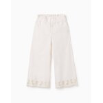 Pantalon en coton � jambe large avec fleurs brod�es blanc