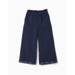 Pantalon en coton � jambe large avec fleurs brod�es bleu fonc�
