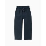 Pantalon � coupe droite en lin avec cordon de serrage bleu