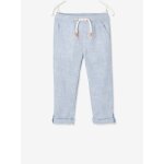 Pantalon gar�on retroussable en pantacourt l�ger aspect lin tiss� bleu clair