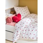 Parure housse de couette enfant et taie d'oreiller coeurs, avec coton recycl blanc imprim