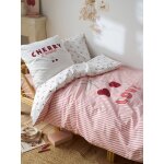 Parure housse de couette et taie d'oreiller cerises rayures avec coton recycl� ray� rouge