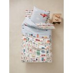 Parure housse de couette + taie d'oreiller enfant auto - city beige imprim