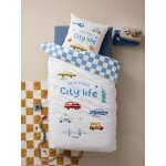 Parure housse de couette + taie d'oreiller enfant avec coton recycl varsity carreaux bleu