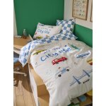 Parure housse de couette + taie d'oreiller enfant avec coton recycl varsity carreaux bleu