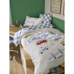 Parure housse de couette + taie d'oreiller enfant avec coton recycl varsity carreaux bleu