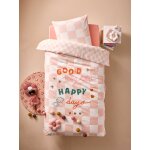 Parure housse de couette + taie oreiller enfant damier good vibes, avec coton recycl carreaux rose